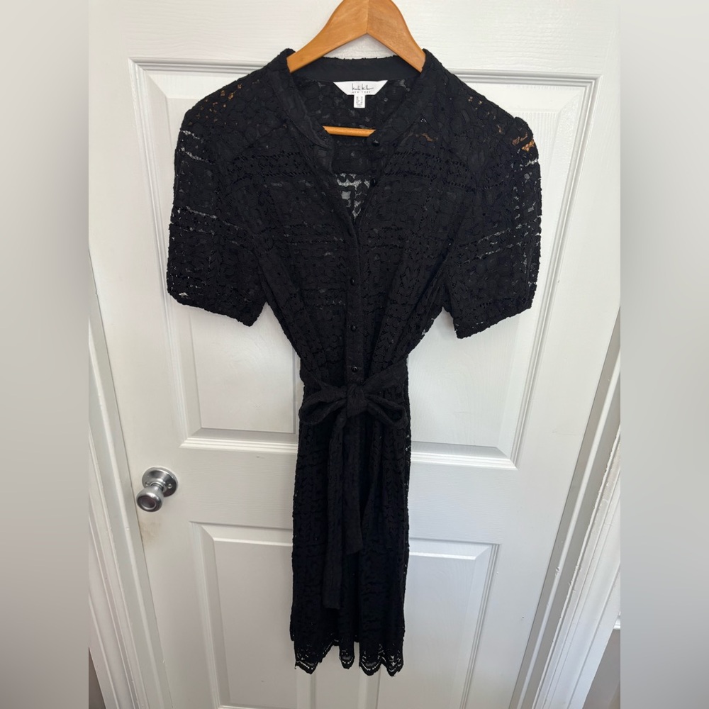 Nicole Miller Black Lace Midi Dress with Tie Waist